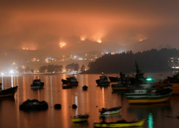 Un incendio forestal se observa en Dichato, cerca de Concepción, en Chile, el 5 de febrero de 2023