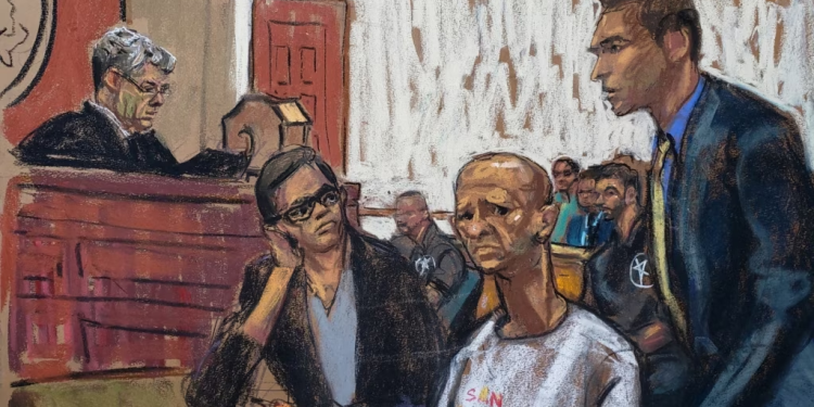Un bosquejo publicado por Reuters ilustra la presentación de Hugo "El Pollo" Carvajal, ex jefe de los servicios de inteligencia militar en Venezuela, ante el juez Stewart Aaron, en la Corte Federal de Manhattan, Nueva York, este jueves 20 de julio de 2023.