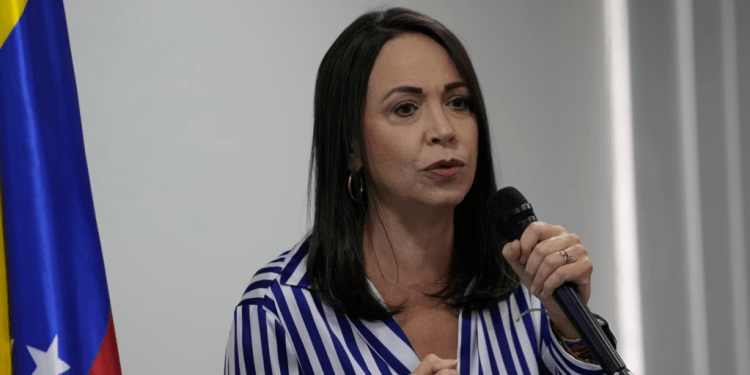 María Corina Machado durante un conversatorio con la Asociación de la Prensa Extranjera en Venezuela (APEX), el 26 de septiembre de 2023