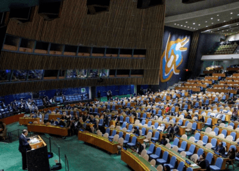 Imagen de la sala principal de la sede de las Naciones Unidas en Nueva York durante la intervención del canciller ruso, Sergéi Lavrov, en la 78 Asamblea General de la ONU, el 23 de septiembre de 2023.