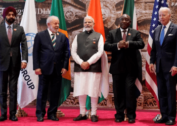 Izquierda a derecha, presidente del Banco Mundial, Ajay Banga, presidente de Brasil, Luiz Lula da Silva, primer ministro indio, Narendra Modi, presidente sudafricano, Cyril Ramaphosa, y presidente de EEUU, Joe Biden, en en Nueva Delhi, India, el sábado. 9 de septiembre de 2023.