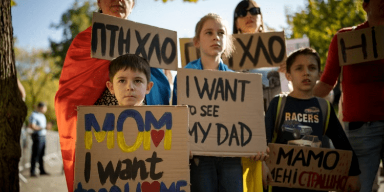 Niños ucranianos sostienen pancartas durante una protesta frente a la embajada rusa en Bucarest, Rumania, el sábado 14 de octubre de 2023.