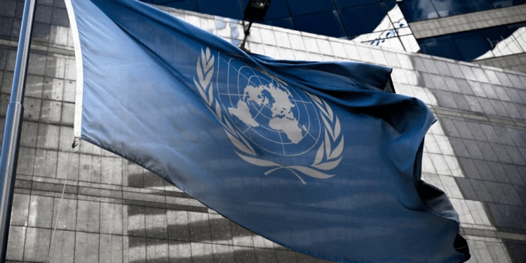 Vista de la bandera de las Naciones Unidas se ondea a las afueras de una oficina de asistencia técnica del Alto Comisionado para Derechos Humanos, en Caracas, el 15 de febrero de 2024.