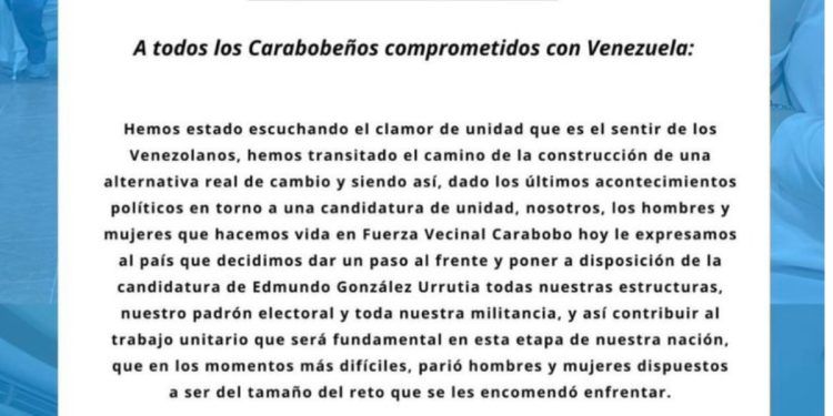 Fuerza Vecinal Carabobo apoyará candidatura de Edmundo González, y no a Ecarri