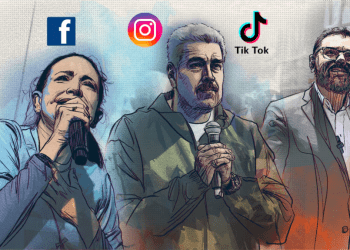 Fotocomposición a propósito del uso de redes sociales en la campaña presidencial de Venezuela, que muestra a la ganadora de la primaria opositora, María Corina Machado; al presidente y aspirante a la reelección Nicolás Maduro; y al postulado de Lápiz, Antonio Ecarri. [VOA]