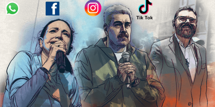 Fotocomposición a propósito del uso de redes sociales en la campaña presidencial de Venezuela, que muestra a la ganadora de la primaria opositora, María Corina Machado; al presidente y aspirante a la reelección Nicolás Maduro; y al postulado de Lápiz, Antonio Ecarri. [VOA]
