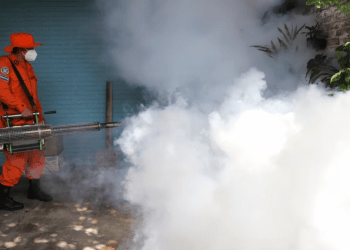 ARCHIVO - Un trabajador fumiga el patio de una casa para controlar la propagación de enfermedades transmitidas por mosquitos, el 4 de julio de 2024, en Los Santos, un vecindario en Soyapango, El Salvador.