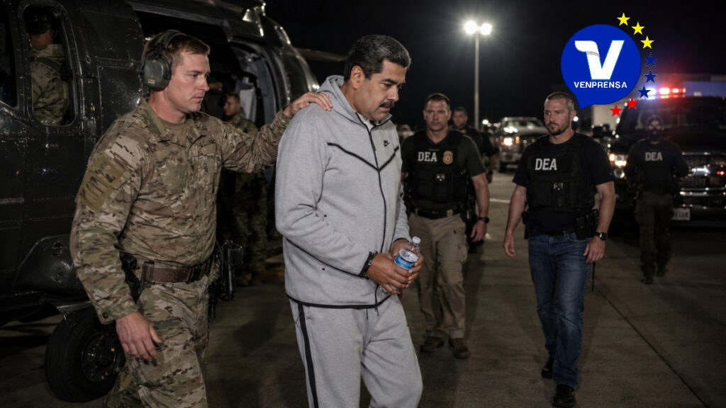 Ilustración sobre la captura de Nicolás Maduro Moros el 3 de enero de 2026, sobre la detención y traslado de ambos incluyó en la acción llamada; Operación Resolución Absoluta (en inglés, Operation Absolute Resolve). incursiones aéreas y terrestres estadounidenses sobre Venezuela, lo que resultó en la detención de Maduro y su esposa, Cilia Flores. Ambos fueron extraídos del país y llevados a Nueva York para enfrentar a la justicia.